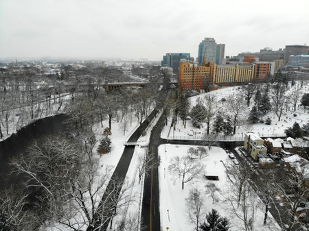 Wilmington, Delaware, U.S.A - January 13, 2019 - The aerial view of the street and building in the city after a snowstormのeditorial素材