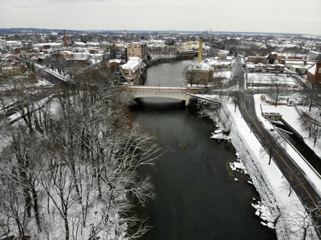 Wilmington, Delaware, U.S.A - January 13, 2019 - The aerial view of the Brandywine River and surrounding neighborhood after a snowstormのeditorial素材