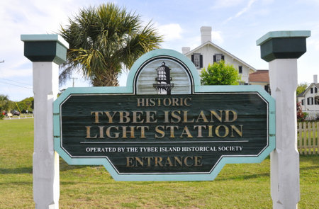 Tybee Island, Georgia, U.S.A - November 5, 2016 - The entrance sign into the historical light stationのeditorial素材