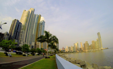 Panama City, Panama - May 7, 2013 - The view of the buildings in the city by the bay before sunsetのeditorial素材