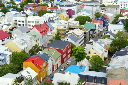 Reykjavik, Iceland - June 20, 2019 - The aerial view of colorful buildings and streets in the cityのeditorial素材