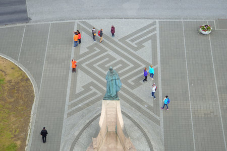 Reykjavik, Iceland - June 20, 2019 - The aerial view of the visitors around statue of Leifur EirÃ­kssonin front of Hallgrimskirkjachurchのeditorial素材