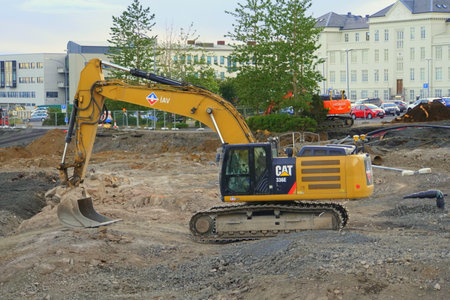 Reykjavik, Iceland - June 21, 2019 - The view of construction area with the heavy machinery tractor in the cityのeditorial素材