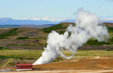 The view of smoking ground at Namafjall Hverir geothermal area of Icelandの写真素材