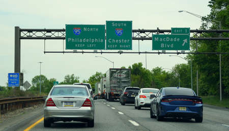 Media, Pennsylvania, U.S.A - May 17, 2021 - Busy traffic on Interstate 476 South with I-95 splits...