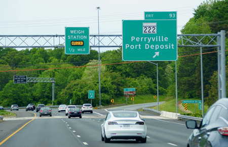 North East, Maryland, U.S.A - May 17, 2021 - The traffic on the highway by Interstate 95 South and...