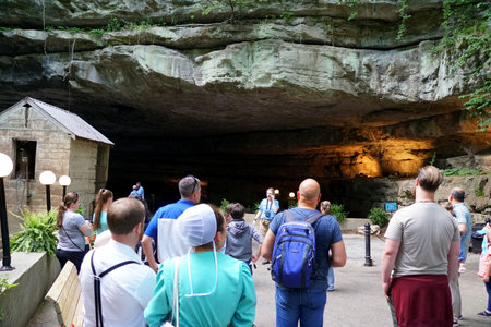 Bowling Green, Kentucky, U.S.A - June 16, 2021 - The visitors waiting for the Lost River Cave boat tripのeditorial素材