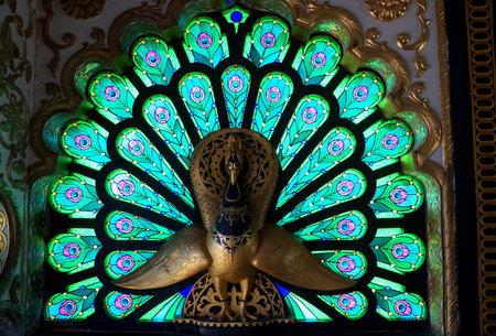 A decorative green stained glass with peacock statue at Prabhhupada's Palace of Gold near Moundsville, West Virginia, U.S.Aのeditorial素材