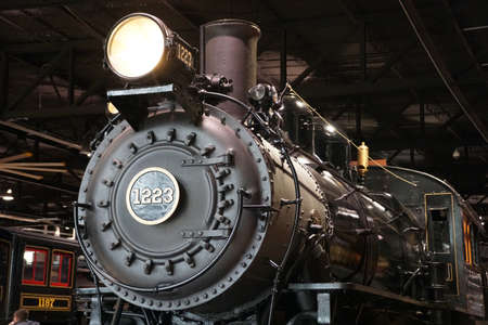 Strasburg, Pennsylvania, U.S.A - March 26, 2022 - The black locomotive train by the terminal inside...