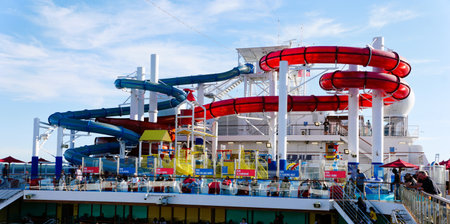 Long Beach, California, U.S.A - November 5, 2022 - The colorful water slide on Carnival Cruise ship for the passengersのeditorial素材