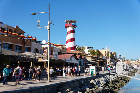 Cabo San Lucas, Mexico - November 7, 2022 - The view of the street and shops and restaurants by the Tequila Lighthouseのeditorial素材
