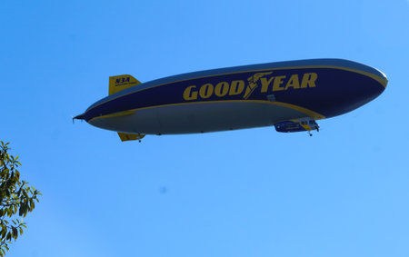 Long Beach, California, U.S.A - November 12, 2022 - The Good Year blimp flying on the sky on a sunny...