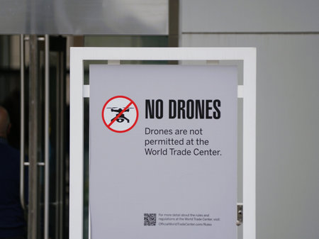 New York City, U.S.A - October 31, 2022 - The 'No Drones' sign displayed at the World Trade Centerのeditorial素材