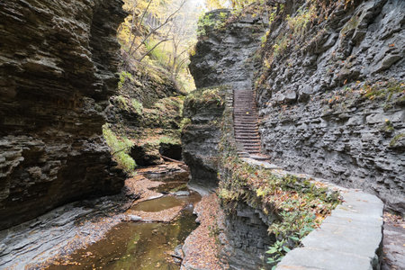 Beautiful landscape and walking trails along the narrow gorge near Watkins Glens Falls, New York,...