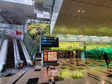 Changi Airport, Singapore - February 18, 2023 - The view of the airport terminal with elevators and the green plant wallのeditorial素材
