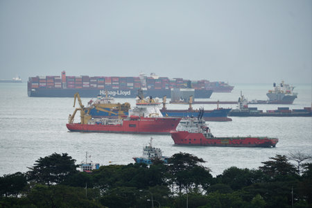 Marina Bay, Singapore - February 19, 2023 - The view of the cargo ships during the day