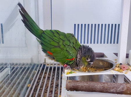A beautiful black-capped conure eating seeds inside the cage