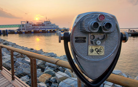 Delaware, U.S.A - June 18, 2023 - The public binocular near the terminal near Lewes-Cape May ferry terminal during sunsetのeditorial素材