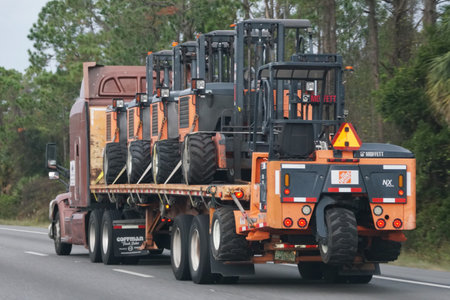 Florida, U.S.A - November 14, 2023 - A truck carrying Moffett forklifts on the highway