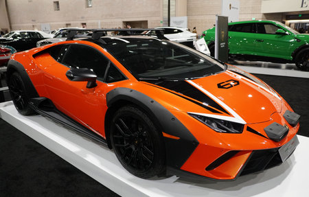 Philadelphia, Pennsylvania, U.S - January 14, 2024 - A bright orange color of 2024 Lamborghini...