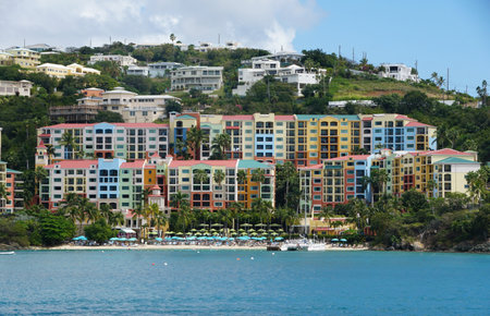 St John, U.S Virgin Island - February 21, 2024 - The colorful waterfront resorts and hotels on the bayのeditorial素材