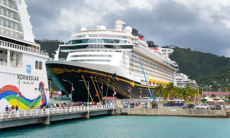 St Thomas, U.S Virgin Island - February 21, 2024 - Two cruise ships docked on the terminalのeditorial素材