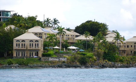 St John, U.S Virgin Islands - February 21, 2024 - The aerial view of the Gallows Point waterfront hotel and resorts by Cruz Bayのeditorial素材
