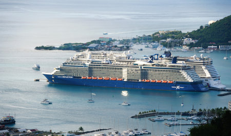St John, U.S Virgin Islands - February 21, 2024 - The distance view of Celebrity cruise ship on the...