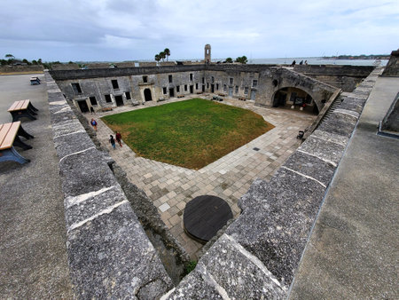 St Augustine, Florida, U.S.A - November 18, 2023 - The top view of the main fort and the green lawn...