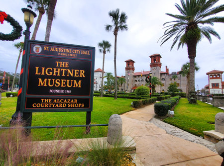 St Augustine, Florida, U.S.A - November 18, 2023 - The sign into historic City Hall and Lightner Museum, once the old Alcazar Hotelのeditorial素材