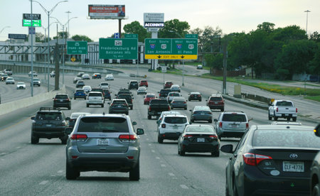 Texas, U.S.A - April 6, 2024 - The view of the traffic on Interstate 35 North with exit to...