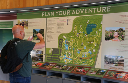 Texas, U.S.A - April 7 2024 - A visitor snapping a picture of the map for San Antonio Botanical Garden in the information centerのeditorial素材