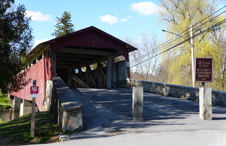 Allentown, Pennsylvania, U.S.A - March 30, 2024 - The entrance into the Bogert's Covered Bridge