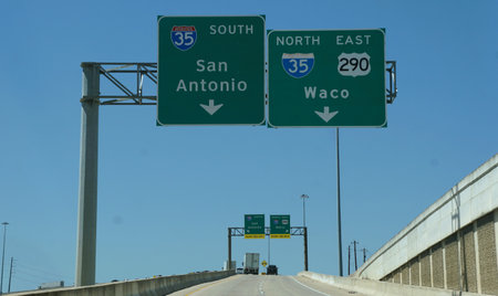 Texas, U.S.A - April 5, 2024 - The highway sign into I-35 South to San Antonio, I-35 North and 290 East into Wacoのeditorial素材