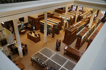 Austin, Texas, U.S.A - April 9, 2024 - The top view of the library inside of Texas Capitol building