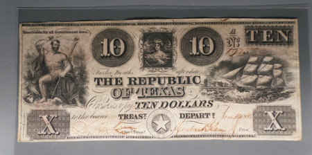 San Antonio, Texas, U.S - April 9, 2024 - The old 1840 print of the ten dollars bill of Republic of...