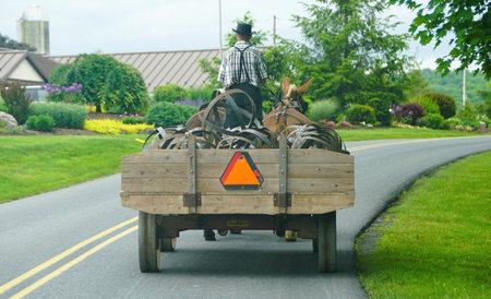 East Earl, Pennsylvania, U.S.A - May 21, 2024 - The Amish horse and wagon moving on the roadのeditorial素材