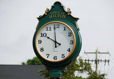Milton, Delaware, U.S.A - June 8, 2024 - The large clock on the side of the bridge in the townのeditorial素材