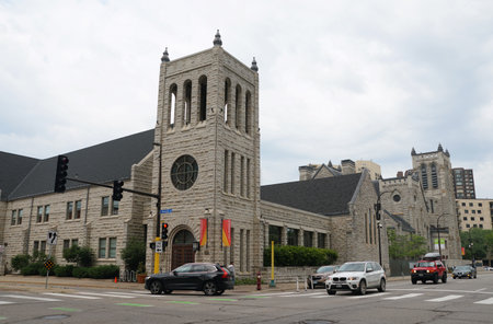Minneapolis, Minnesota, U.S.A - July 9, 2024 - The view of Westminster Presbyterian Church on a...
