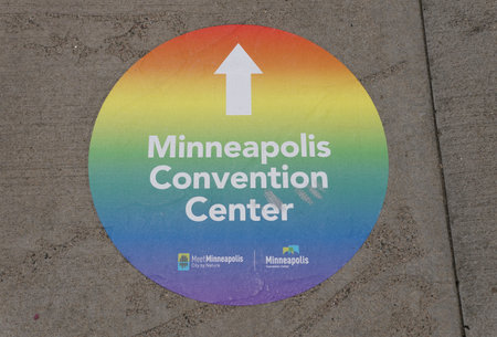 Minneapolis, Minnesota, U.S - July 9, 2024 - The rainbow sign pointing towards Minneapolis Convention Centerのeditorial素材