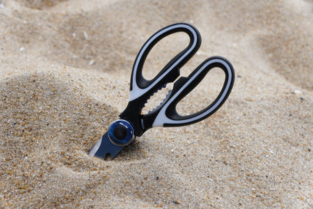 A black and white scissors half-buried in the sand at the beach