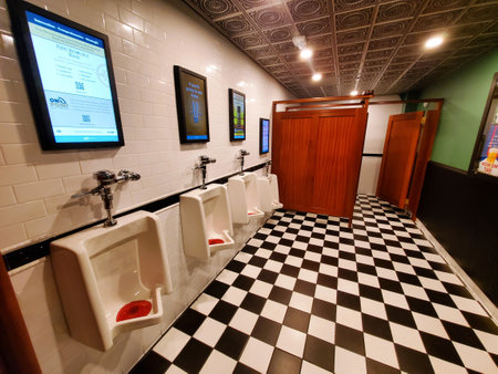 Minneapolis, Minnesota, U.S.A - July 13, 2024 - A clean and fancy men's restroom with digital screens above the urinalsのeditorial素材