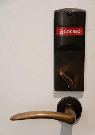 A modern door lock, featuring a dark bronze finish and a red 'locked' indicator.