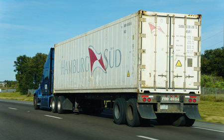 Lakeland, Florida, U.S.A - Nov 10, 2025 - A rear view of Hamburg Sud refrigerated container...