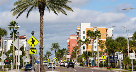 Madeira Beach, Florida, U.S.A - Nov 28, 2025 - Palm-lined resort street features pedestrian signage,...