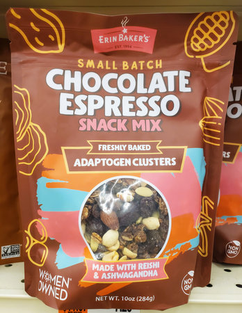 Delaware, U.S.A - Jan 9, 2026 - Erin Bakerâs Chocolate Espresso Snack Mix features adaptogen clusters with Reishi and Ashwagandha, a non-GMO and women-owned productのeditorial素材