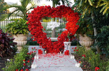 Lakeland, Florida, U.S.A - Jan 4, 2026 - Heart-shaped rose display with neon 'Will you Marry Me?' sign creates a lush, candlelit proposal ambiance.のeditorial素材