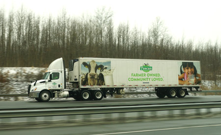 New Jersey, U.S.A - Jan 17, 2026 - A Tuscan Dairy Farms truck speeds on the highway, promotes...