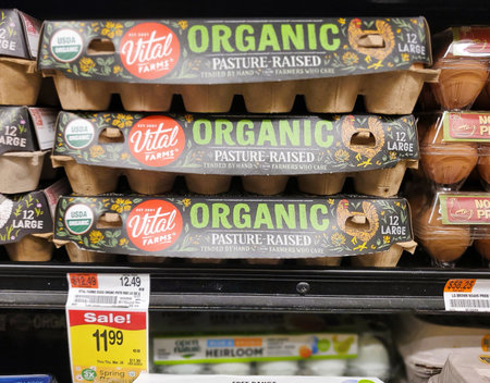 Wilmington, Delaware, U.S.A - March 3, 2026 - Vital Farms organic pasture-raised eggs displayed in...