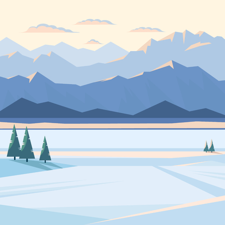 Winter mountain landscape with snow and illuminated mountain peaks, river, fir tree, plain, sunset, rising. Vector flat illustration.のイラスト素材